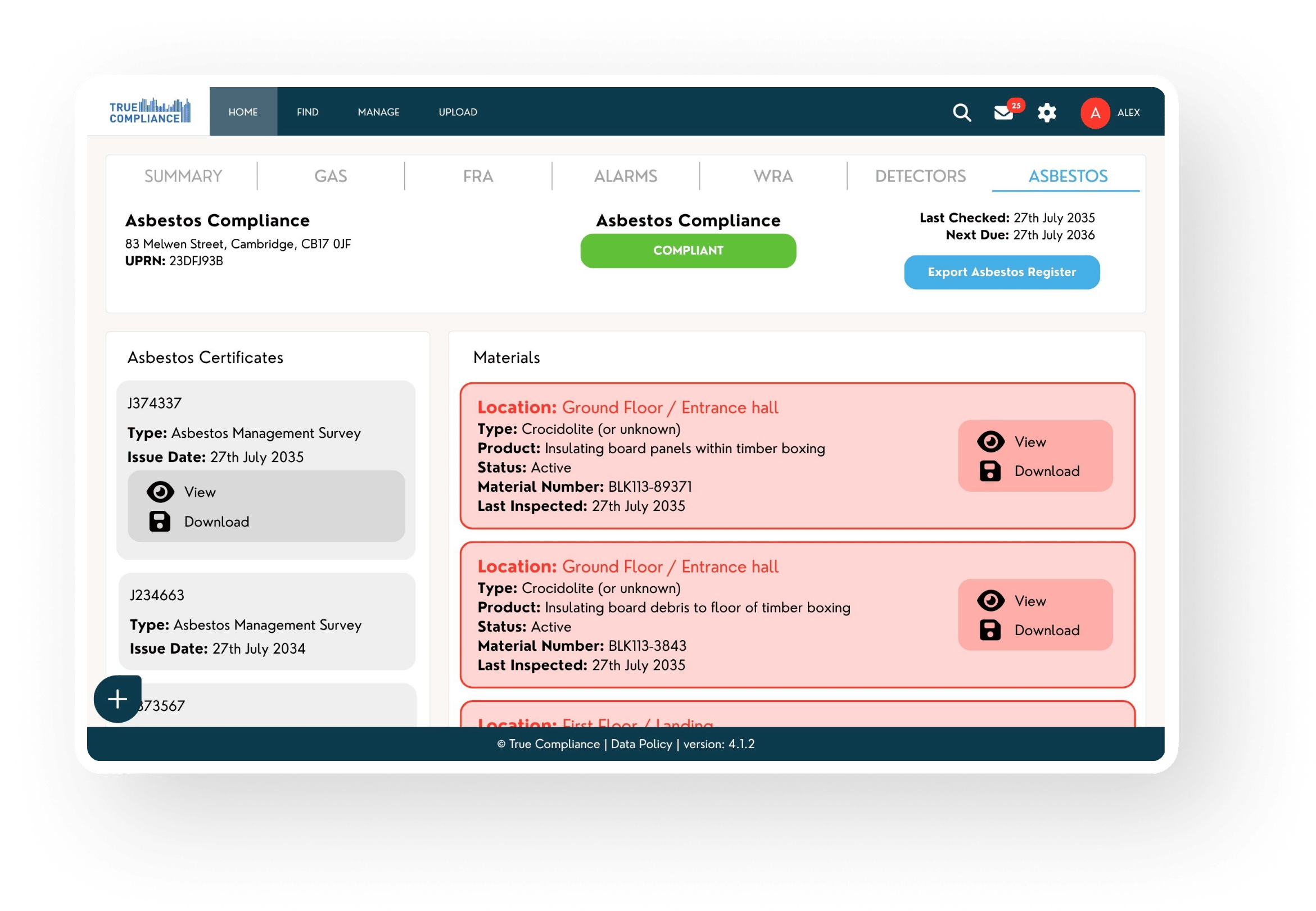 Asbestos Property Compliance Page on Desktop
