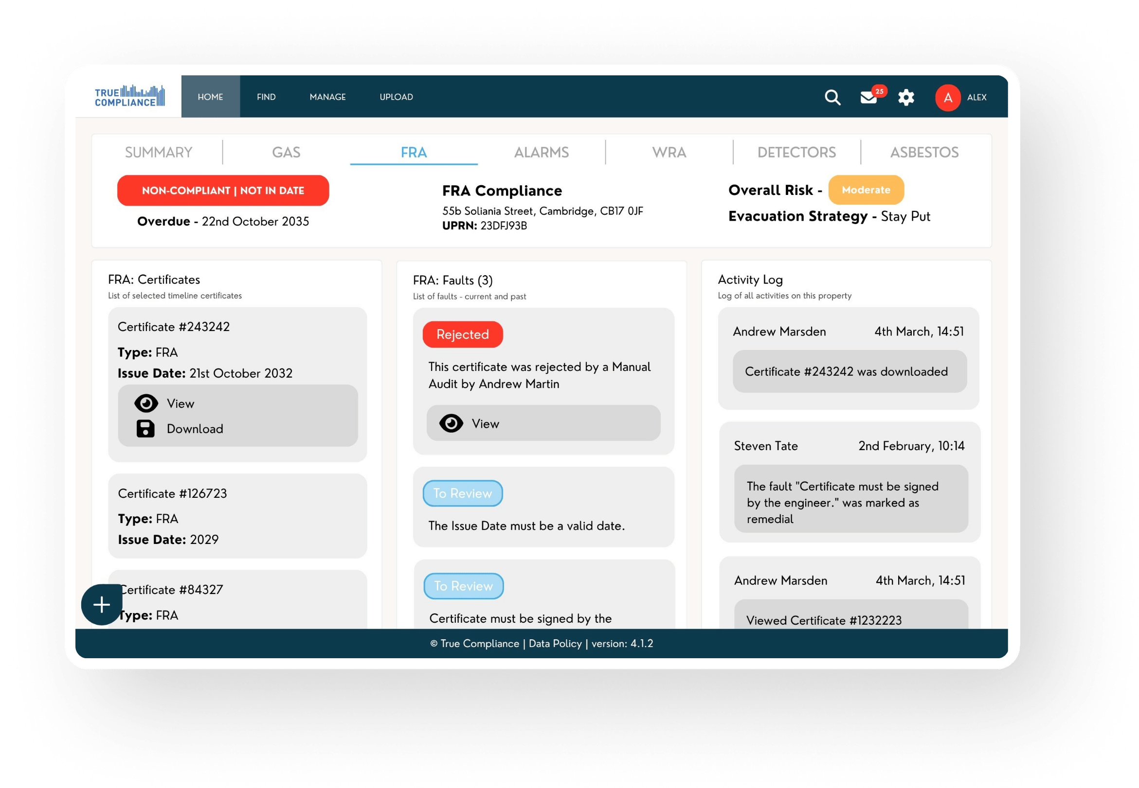 FRA Property Compliance Page on Desktop