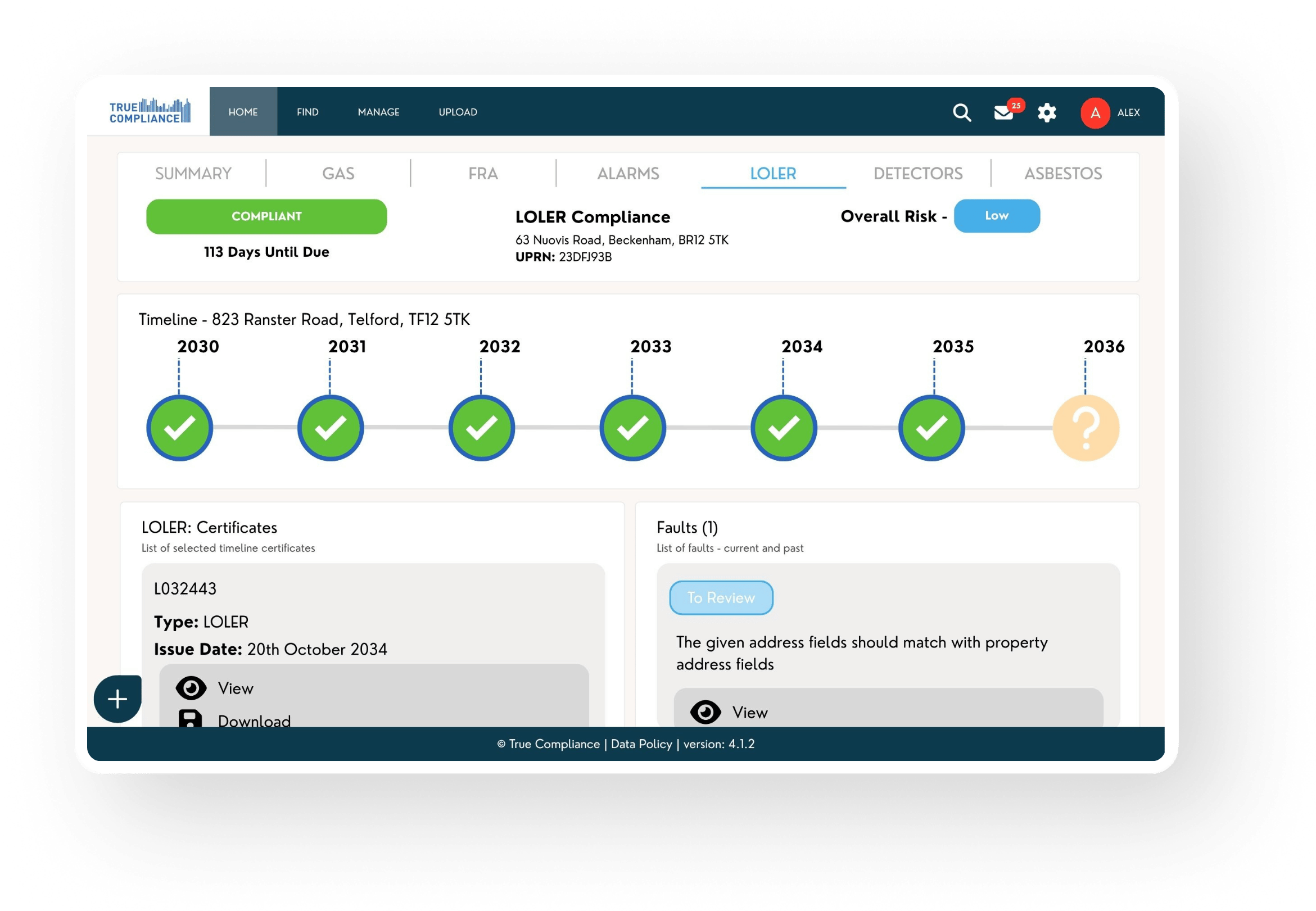 Insurance Property Compliance Page on Desktop